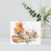 Carte Postale Aquarelle Automne Chien Design - Akita (Debout devant)