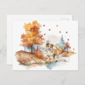 Carte Postale Aquarelle Automne Chien Design - Akita (Devant / Derrière)