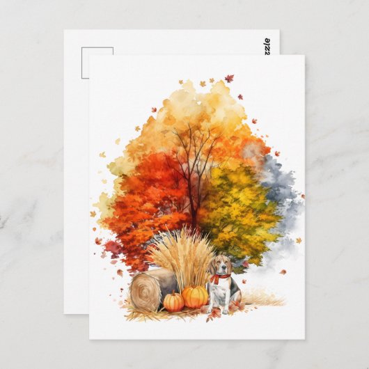 Carte Postale Aquarelle Automne Chien Design - Beagle (Devant / Derrière)