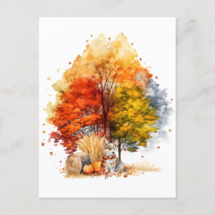 Carte Postale Aquarelle Automne Chien Design - Corgi