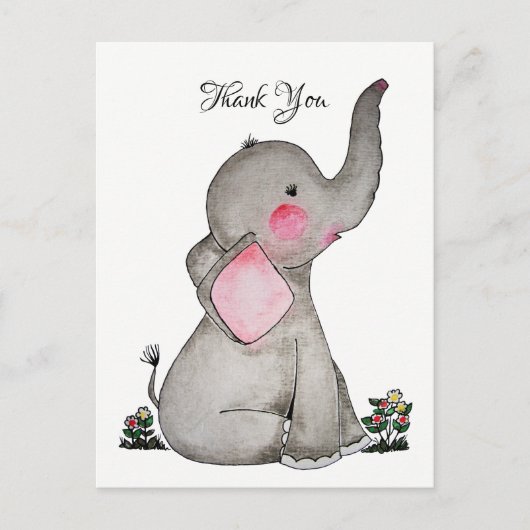 Carte Postale Aquarelle Bébé Eléphant Mignonne Avec Fleurs Minus (Devant)