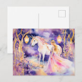 Carte Postale Aquarelle Belle Princesse et Licorne (Devant / Derrière)