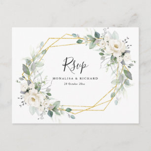 Carte Postale Aquarelle blanc fleuri vert mariage RSVP