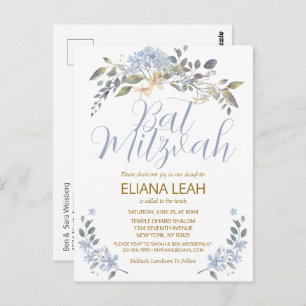 Carte Postale Aquarelle bleu bat mitzvah Floral