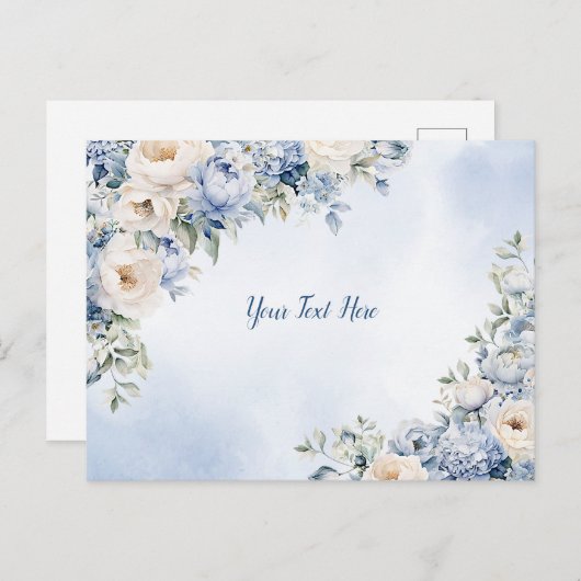 Carte Postale Aquarelle bleu Dusty Fleurs d'ivoire Feuille Rusti (Devant / Derrière)