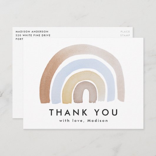 Carte Postale Aquarelle bleu et Brown Rainbow Merci (Devant / Derrière)