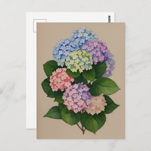 Carte Postale Aquarelle Bleu Et Violet Fleur Hydrangée (Devant / Derrière)