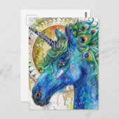 Carte Postale Aquarelle bleu Peacock Unicorne (Devant / Derrière)