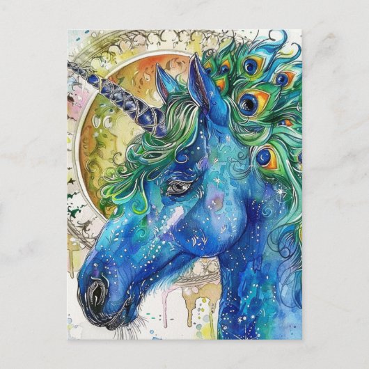 Carte Postale Aquarelle bleu Peacock Unicorne (Devant)
