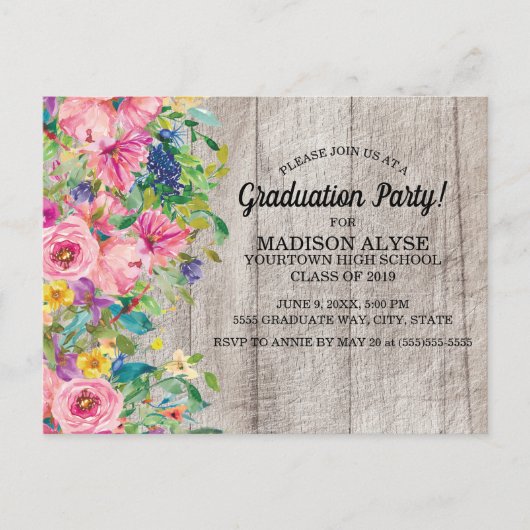 Carte Postale Aquarelle bleu rose rustique Floral Grad Party (Devant)