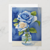 Carte Postale Aquarelle Bleu Roses dans un vase (Devant / Derrière)