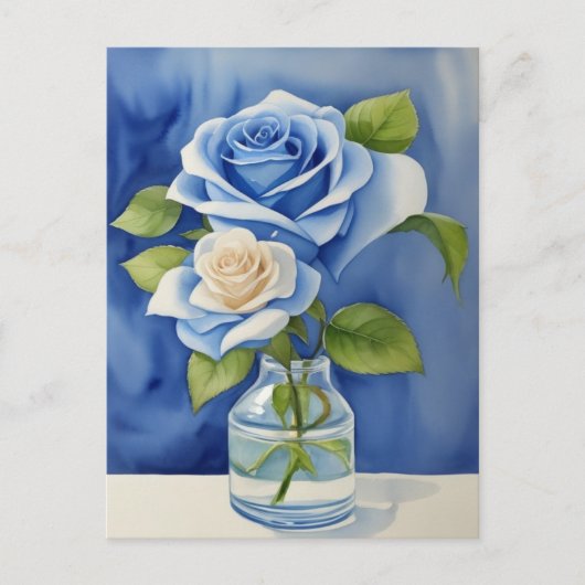 Carte Postale Aquarelle Bleu Roses dans un vase (Devant)