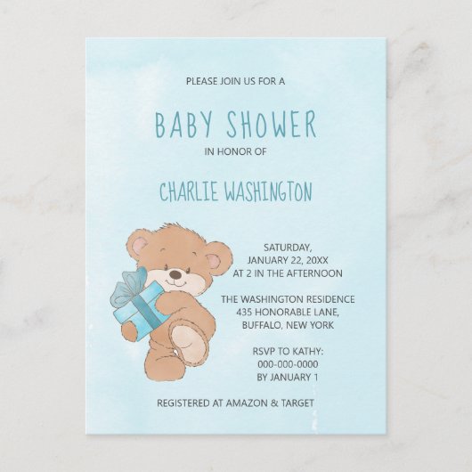 Carte Postale Aquarelle Bleu Simple Ours En Teddy Baby shower (Devant)
