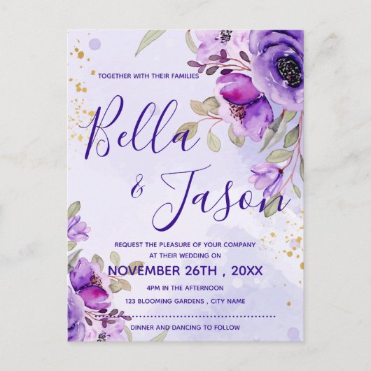 Carte Postale Aquarelle bleu violet Faire-part de mariage floral (Devant)