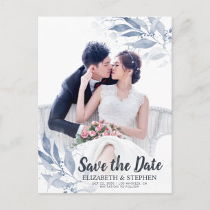 Carte Postale Aquarelle Bleue Feuilles Mariage Enregistrer La Da