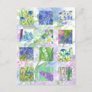 Carte Postale Aquarelle bleue Fleurs Collage Art Lilac Daisy