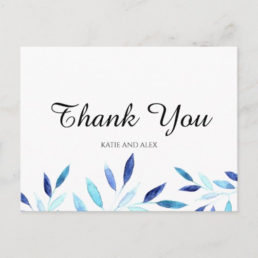 Carte Postale Aquarelle bleue Merci Feuille (Devant)