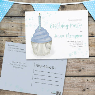Carte Postale Aquarelle bleue mignonne cupcake Whimsical Anniver