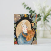Carte Postale Aquarelle blonde fille avec gingembre chat fleurs (Debout devant)