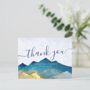 Carte Postale Aquarelle Blue & Gold Mountains Mariage Merci
