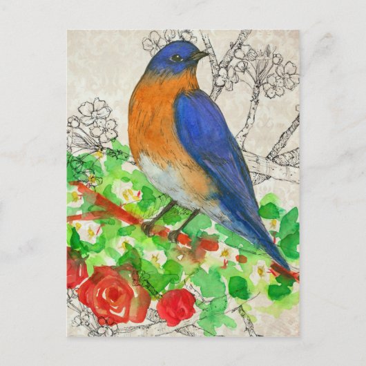 Carte Postale Aquarelle Bluebird Roses rouges Collage (Devant)