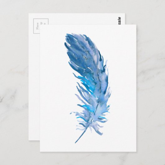 Carte Postale Aquarelle Boho Blue Feather (Devant / Derrière)