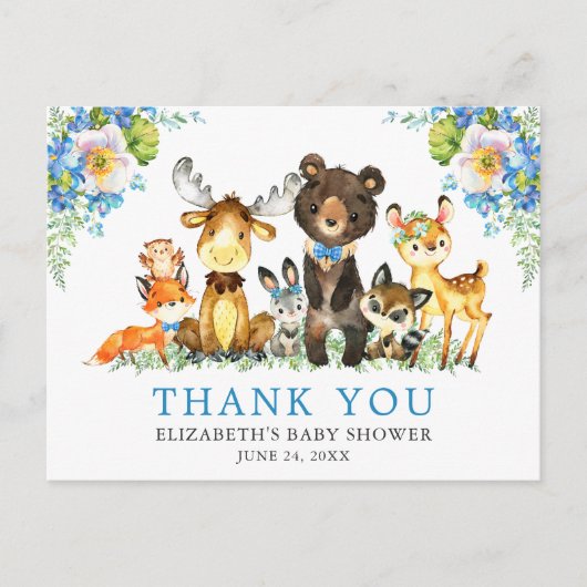 Carte Postale Aquarelle Bois Animaux Baby shower Bleu (Devant)