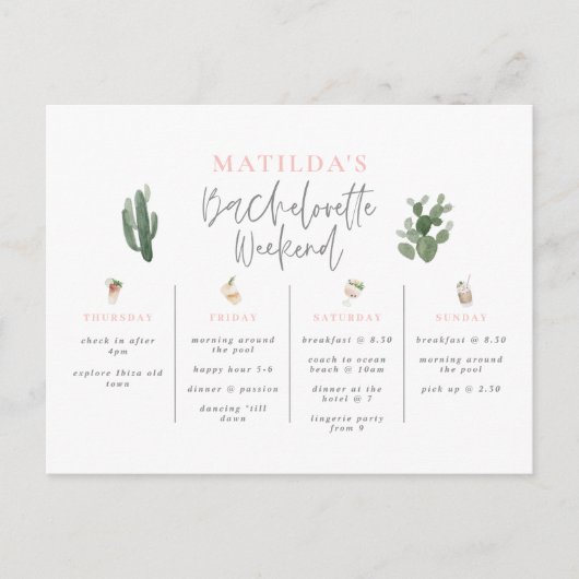 Carte Postale Aquarelle boissons bachelorette week-end itinérair (Devant)