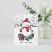 Carte postale aquarelle Bonhomme de neige avec cad (Debout devant)