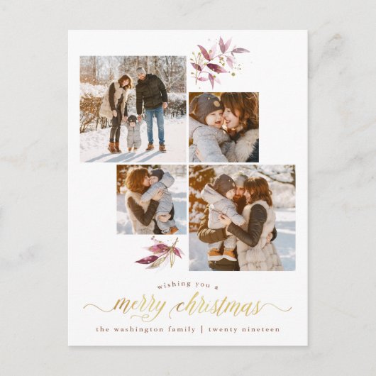 Carte Postale Aquarelle botanique et Joyeux Noël or Photo (Devant)