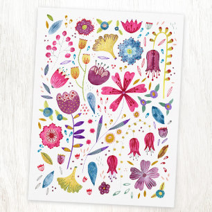 Carte Postale Aquarelle Botanique Fleur sauvage Peinture de haie