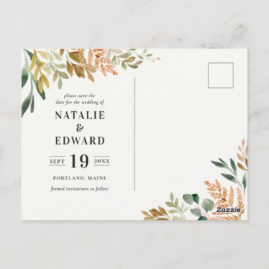 Carte Postale Aquarelle botanique or vert chute script moderne (Dos)