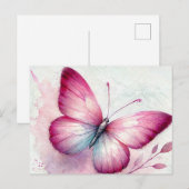 Carte Postale Aquarelle botanique Papillon rose (Devant / Derrière)