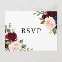 Aquarelle Bourgogne et Fleurs bleues Mariage RSVP