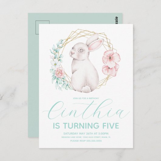 Carte Postale Aquarelle Bunny de Pâques fille Anniversaire Paste (Devant / Derrière)