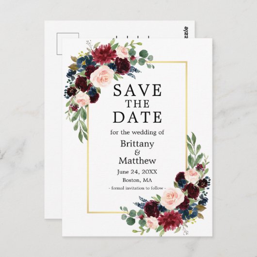 Carte Postale Aquarelle Burgundy Bleu Floral Or Enregistrer la d (Devant / Derrière)