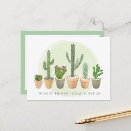 Carte Postale Aquarelle Cactus Jolies Plantes en Pot Note (Devant/Arrière en situation)