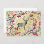 Carte Postale Aquarelle Cerf Baies d'hiver Or (Devant / Derrière)