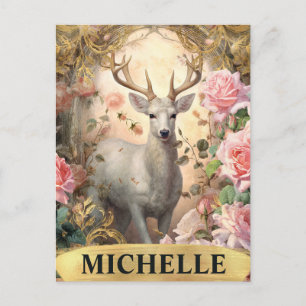Carte Postale Aquarelle Cerf Blanc Vintage et Roses Roses
