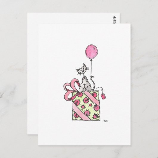 Carte Postale Aquarelle Chat Anniversaire Présente (Devant / Derrière)