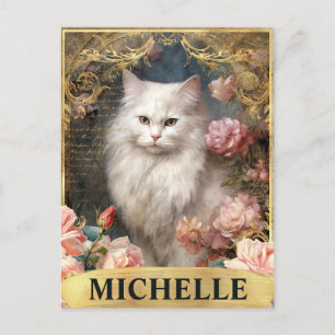 Carte Postale Aquarelle Chat Blanc Vintage et Roses Roses