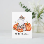 Carte Postale Aquarelle Chat et Citrouilles sensations de chute (Debout devant)