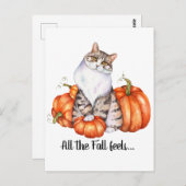 Carte Postale Aquarelle Chat et Citrouilles sensations de chute (Devant / Derrière)