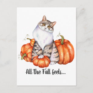 Carte Postale Aquarelle Chat et Citrouilles sensations de chute