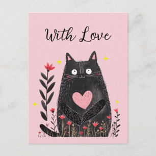 Carte Postale Aquarelle Chat Noir Cœur Rose Avec Amour