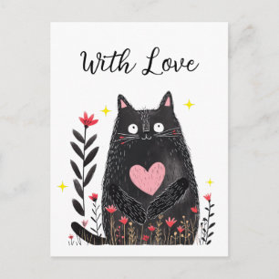 Carte Postale Aquarelle Chat Noir Cœur Rose Avec Amour