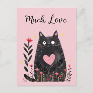 Carte Postale Aquarelle Chat Noir Cœur Rose Beaucoup d'Amour