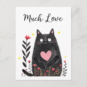 Carte Postale Aquarelle Chat Noir Cœur Rose Beaucoup d'Amour