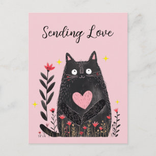 Carte Postale Aquarelle Chat Noir et Cœur Envoi d'Amour