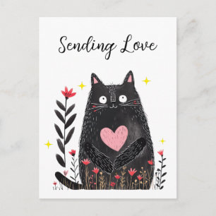 Carte Postale Aquarelle Chat Noir et Cœur Envoyant de l'Amour Fl